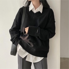 批发现有货 韩国chic宽松慵懒大版<b class='q'>毛衣</b>v领基础款套头<b class='q'>中长款</b>针织上衣