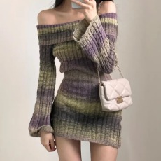 批发韩chic一字肩针织<b class='q'>条纹</b>连衣裙女秋季修身长袖收腰包臀短裙