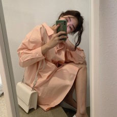 批发chic韩风慵懒宽松单排扣糖果色纯色长袖<b class='q'>连衣裙</b>