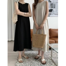 批发韩国chic风简约宽松超大摆无袖长款棉麻连衣裙女