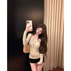 实拍 古早味小众设计感字母印花V领蕾丝百搭修身打底长袖上衣