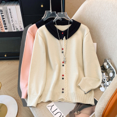 批发实拍大码女装2024新款娃娃领小香风开衫毛衣外套设计感针织衫上衣