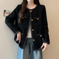 批发实拍秋冬装大码女装宽松韩版编织粗花呢夹棉短款外套