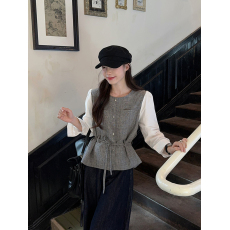 批发实拍有货 法式设计感假两件拼接衬衣秋冬小香气质系带韩系上衣女