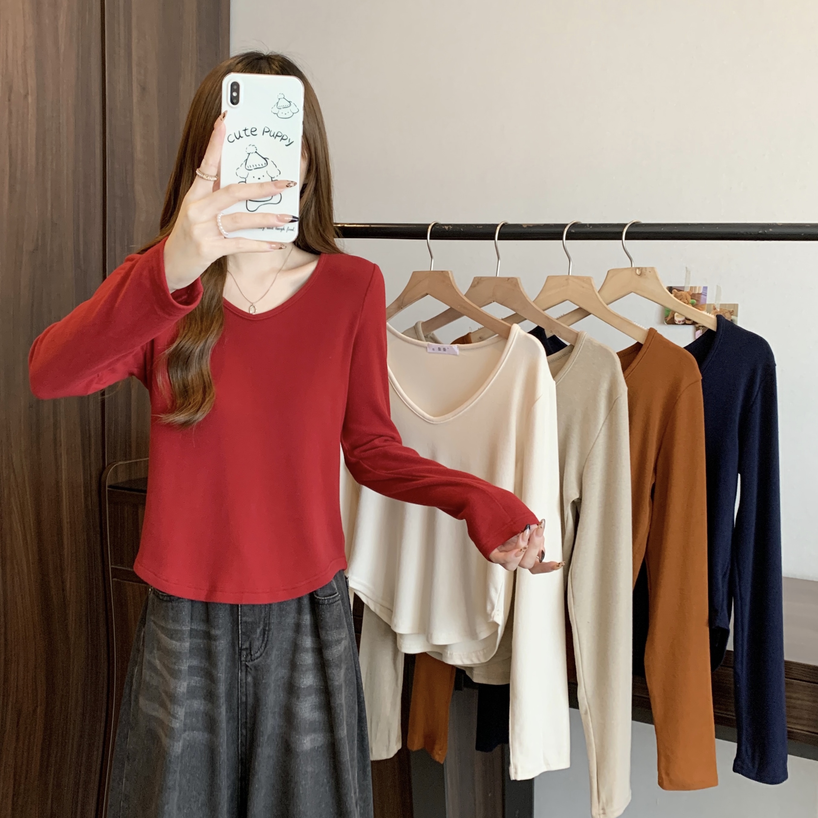 PF26321# 新款胖mm大码女时尚显瘦修身弧形v领内搭长袖T恤女裝貨源服裝批發