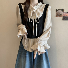 批发实拍 大码胖MM 设计感木耳边系带假两件拼接衬衫宽松遮肉上衣