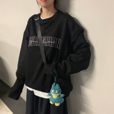 批发韩国<b class='q'>外贸</b>设计感新款卫衣女圆领灰色时尚中长款宽松加绒加厚3073