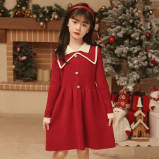 批发女童针织连衣裙双层翻领毛衣裙学院风女宝宝公主裙子秋冬款儿童裙