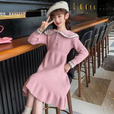 批发女童小香风毛衣裙<b class='q'>秋</b>冬中大童洋气翻领毛衣针织连衣裙冬季内搭裙子