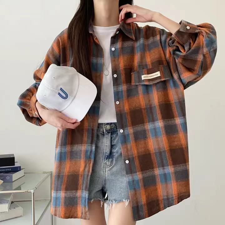 한국 스타일 봄 가을 oversize 긴팔 하라주쿠 스타일 체크무늬 막대기 표준 셔츠 패션 캐주얼 루즈핏 여성 코트 셔츠