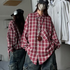 批发韩版春季oversize经典<b class='q'>长袖</b>复古格子衬衫原宿风休闲宽松外套女衬衣