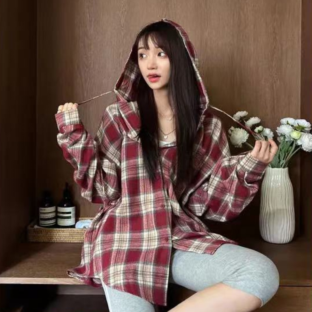 한국 스타일 봄 가을 후드 격자 무늬 셔츠 하라주쿠 스타일 루즈핏 클래식 자외선 차단 의류 캐주얼 긴팔 여성 코트 셔츠