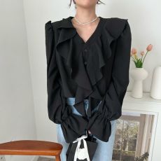 批发<b class='q'>韩国</b>chic 秋季法式气质V领荷叶边喇叭袖设计感百搭衬衫上衣