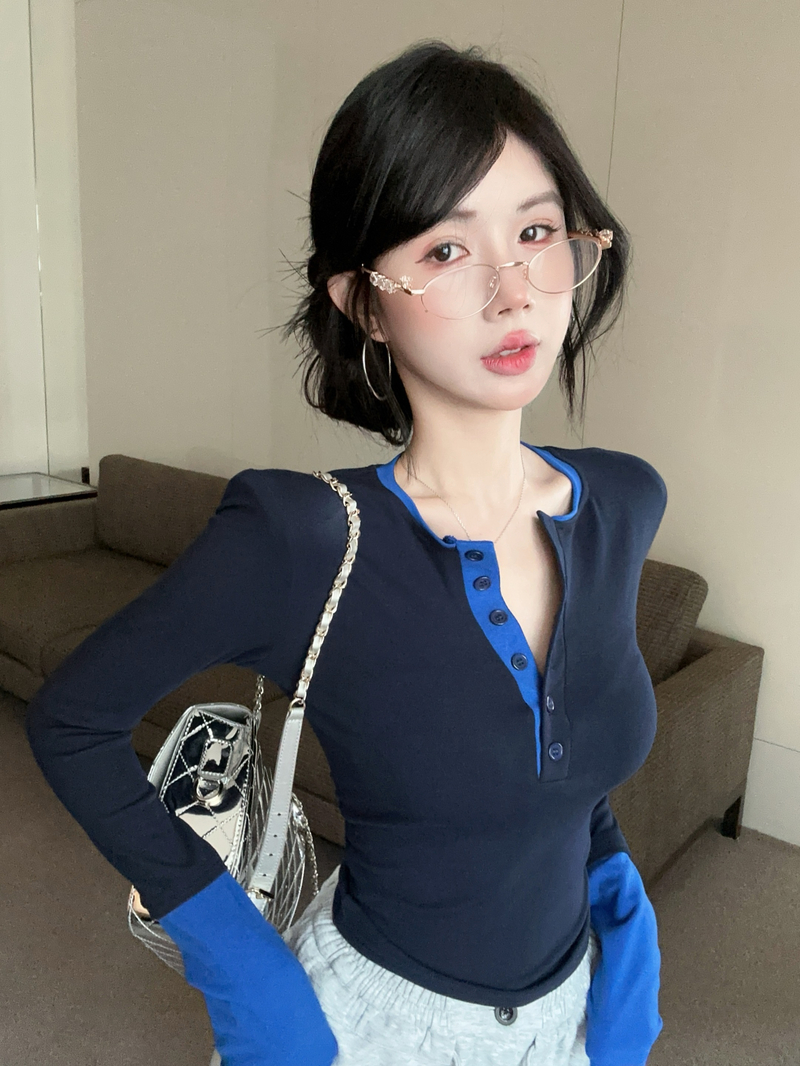 MY1619# 假两件撞色长袖T恤女秋冬内搭打底衫圆领修身上衣潮女裝貨源服裝批發