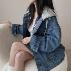 批发2026<b class='q'>韩国</b> chic假两件拼接连帽<b class='q'>牛仔</b>夹克oversize休闲<b class='q'>外套</b>