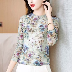 批发实拍春季新款长袖半高领网纱套头印花<b class='q'>妈妈</b>装气质修身百搭打底衫女