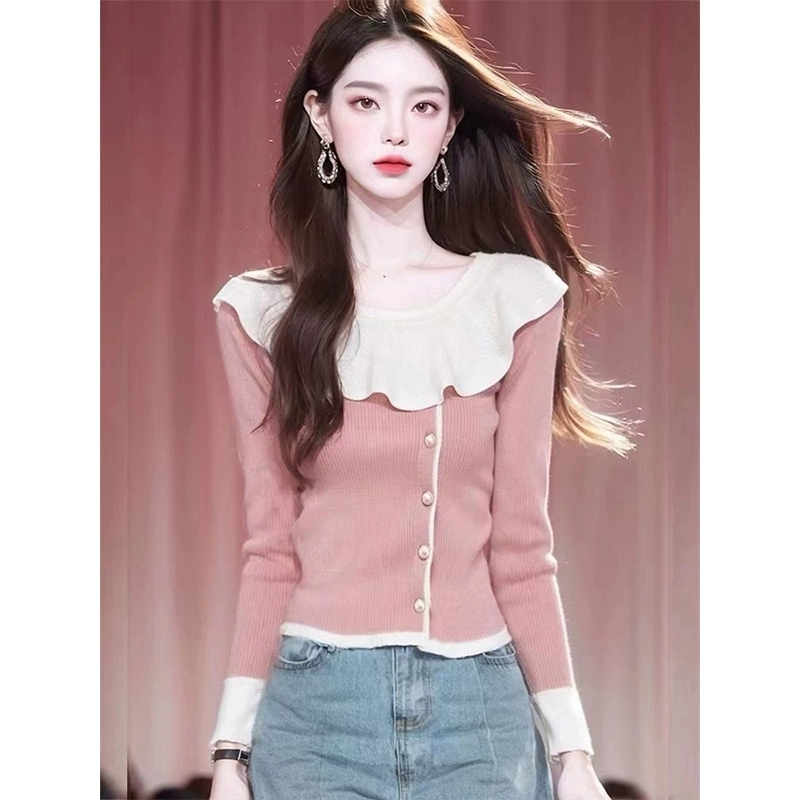 PF23947# 荷叶边针织衫新款时尚洋气打底衫高级感上衣女裝貨源服裝批發