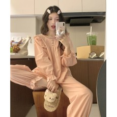 批发实拍实价<b class='q'>韩版</b>甜美休闲纯色田园风全棉秋季外穿宽松长袖家居服套