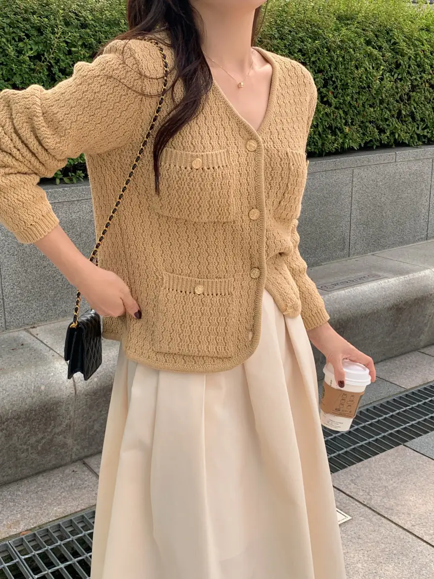 한국 스타일 빈티지 페미닌 니트 코트 상세 이미지 3