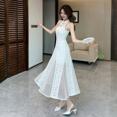 批发2026春夏新款新中式国风气质蕾丝网纱拼接改良旗袍连衣裙鱼尾长裙