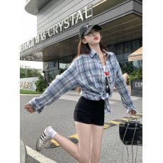 批发蓝色格子<b class='q'>衬衫</b>外套女春秋2026新款宽松<b class='q'>衬衣</b>设计感高级上衣