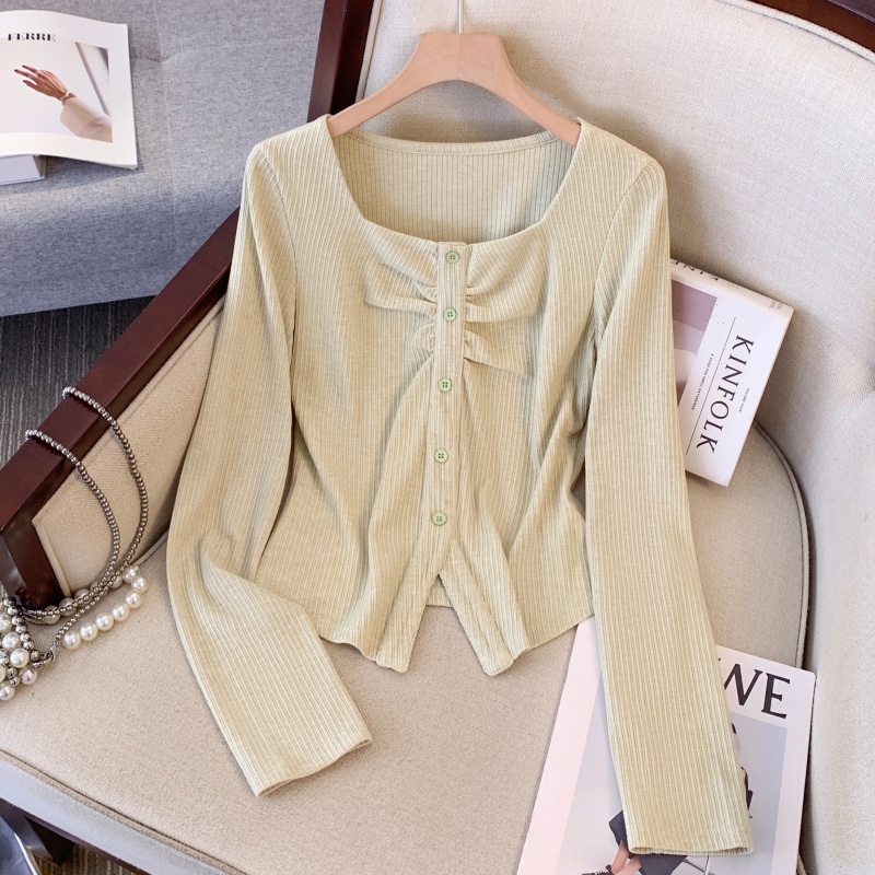 PF23950# 设计感褶皱长袖T恤新款修身翻领纯欲辣妹上衣女裝貨源服裝批發