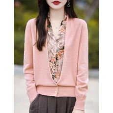 批发春秋V领精纺羊毛开衫女<b class='q'>假两件</b>水墨画拼色桑蚕丝外套宽松百搭上衣