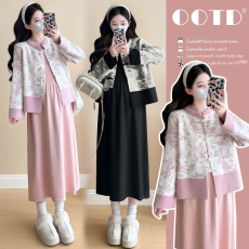 批发实拍~2024秋<b class='q'>冬</b>新款网红孕妇时尚国风防貂外套+针织打底裙套装