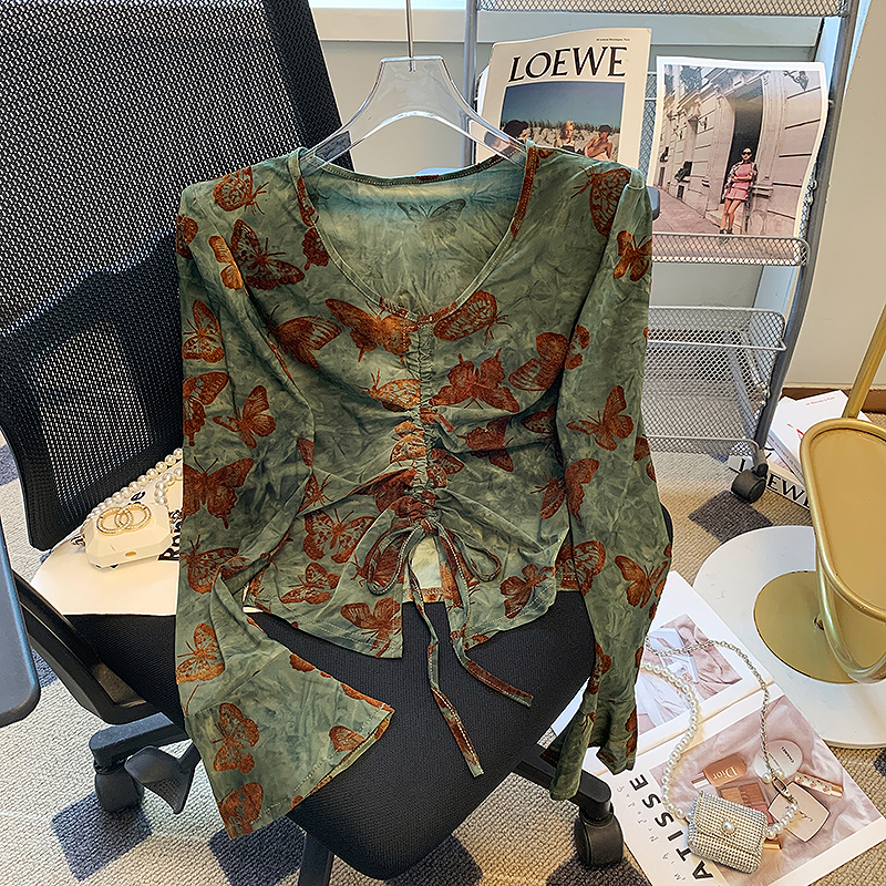 프랑스식 녹색 V넥 프린트 벨벳 여성 셔츠 이른 가을 펌프 로프 나팔 소매 기본 셔츠 Chic 어깨 패드 작은 맨위