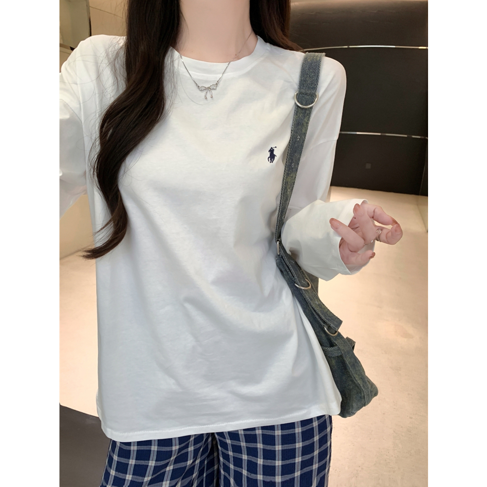 PF23739#纯棉100%棉小马标刺绣t恤打底衫女秋季宽松大码女裝貨源服...