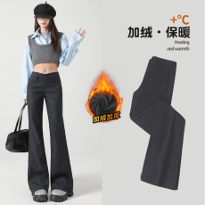 批发灰色加绒加厚气质褶皱低腰西装裤女修身直筒微喇叭裤