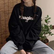 批发韩国<b class='q'>外贸</b>黑色炸街加绒卫衣女新款洋气中长款宽松大码圆领无帽3132