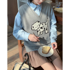批发宽松显瘦斑点小狗V领卡通针织马甲少女百搭可爱春<b class='q'>夏</b>季新款女