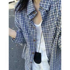 批发复古<b class='q'>格子衬衫</b>女春秋新款设计感宽松小个子棉衬衣蓝色长袖防晒外套