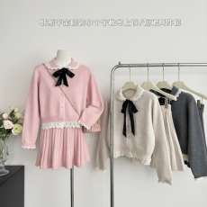 批发2025秋季女小香风粉色蝴蝶结花边长袖开衫高腰百褶半身裙时尚套装