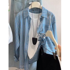 批发蓝色格子衬衫女新款早秋慵懒风<b class='q'>休闲</b>宽松衬衣<b class='q'>外套</b>
