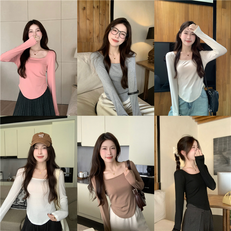 실사 핫걸 윈디 u 칼라 슬림해 보이는 다용도 만나는 불규칙 긴팔 티셔츠