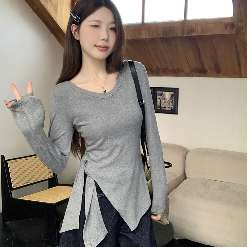 LN58578# 大码胖mm设计感开叉上衣女秋季内搭长袖T恤M-4XL 服裝批發女裝批發服飾貨源