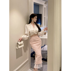 批发实拍实价 高腰加厚蕾丝拼接亮片半身裙开叉长裙女冬