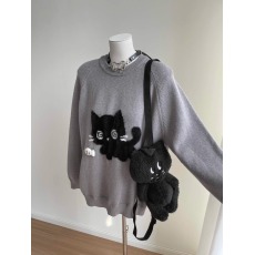 批发小猫吃不饱原创黑猫灰色毛衣仿貂毛立体小鱼外套秋冬软糯针织上衣