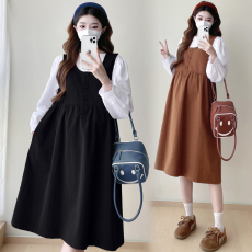 批发实拍~孕妇秋冬时尚背带中长款宽松潮妈两件套时尚套装裙