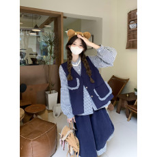 批发实拍实价~套装女森系学院风口袋设计百搭叠穿马甲格子<b class='q'>衬衫</b>半身裙