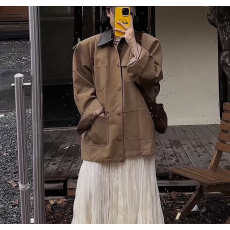 批发设计感小众pu皮拼接外套女2024秋季新款复古宽松显瘦小个风衣