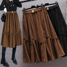 批发实拍秋<b class='q'>冬</b>大码不规则灯芯绒长款半身裙女高腰胖MM打底裙子大摆伞裙