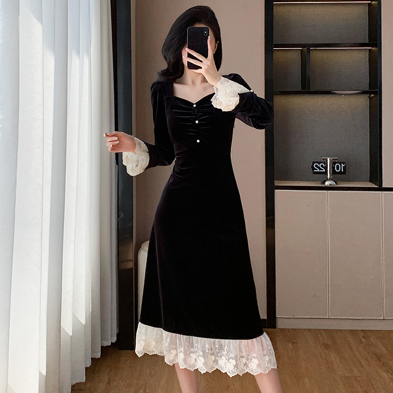 MY12134# 法式名媛蕾丝边拼接连衣裙年会气质丝绒礼服裙女裝貨源服裝批發