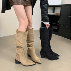 批发尖头搭扣褶皱堆堆靴2025<b class='q'>秋</b>冬朋克风骑士靴中跟炸街辣妹高筒裤筒靴