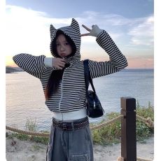 批发小恶魔条纹外套女春秋新款韩系短款连帽拉链卫衣<b class='q'>开衫</b>