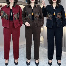 批发官图2026春季新款欧棉绒<b class='q'>妈妈装</b>拼接国风图案<b class='q'>时尚</b>洋气显瘦大码套装