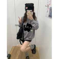 批发小猫吃不饱原创黑猫灰色毛衣仿貂毛立体小鱼外套秋冬软糯针织上衣