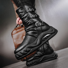 批发秋冬新款厚底增高骑士潮靴皮面黑色工装机车侧拉链高帮户外男靴